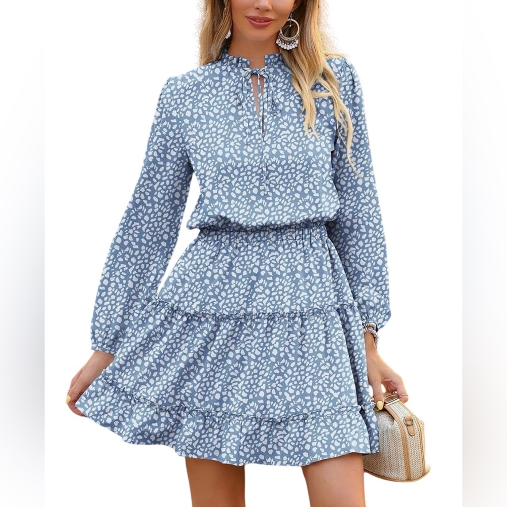 Women Casual NWOT Tie V Neck Long Sleeve High Waist Ruffle Mini Dress size large
